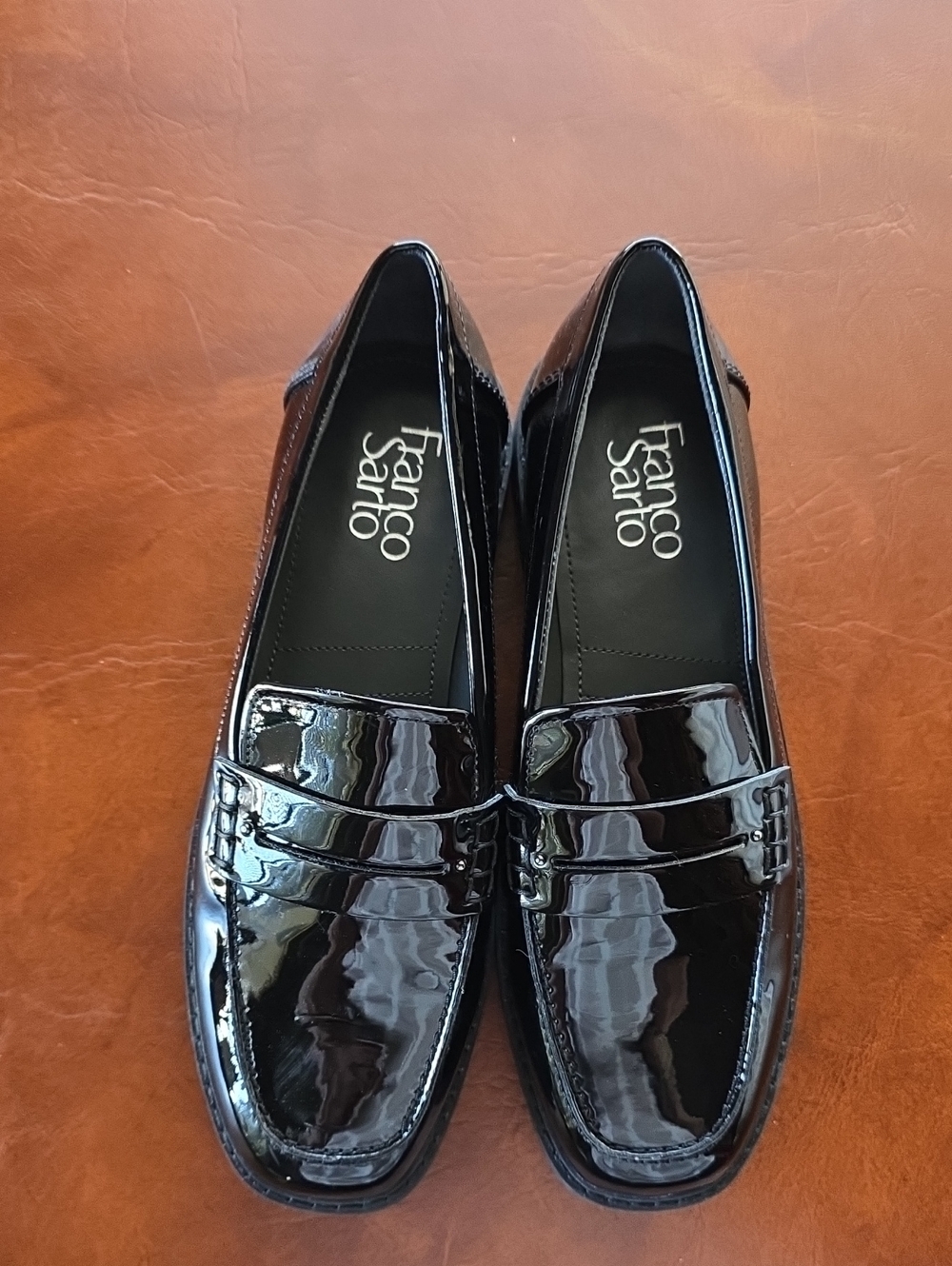 Franco Sarto Black Patent Penny Loafers with Gloss Finish